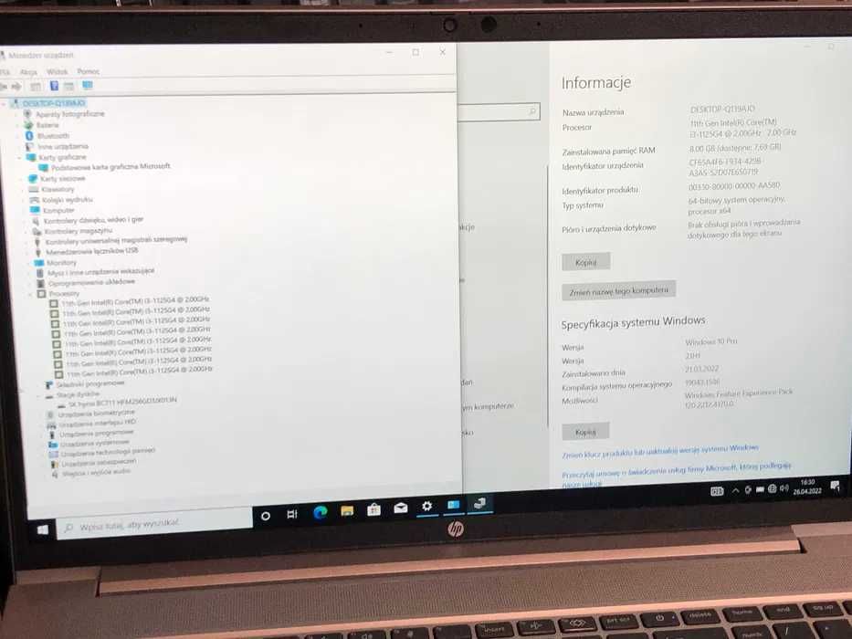 Laptop HP ProBook 450 G8 15,6" i3-1125G4 8GB RAM 256GB SSD Win10 Pro