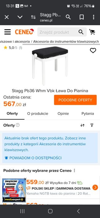 Stagg BP36 WHM VBK ława do pianina