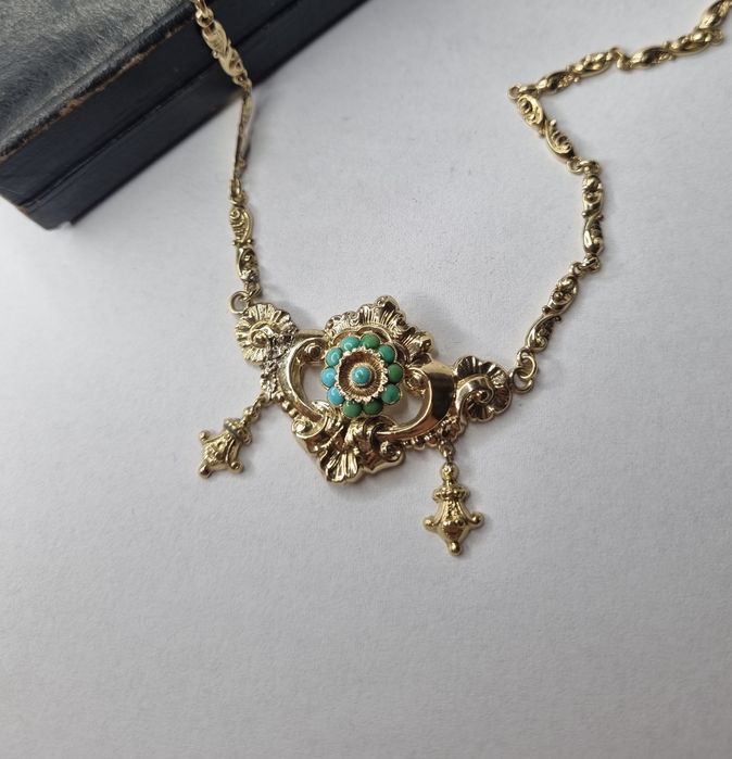 Biedermeier kolia naszyjnik złoty z turkusami złoto 585
