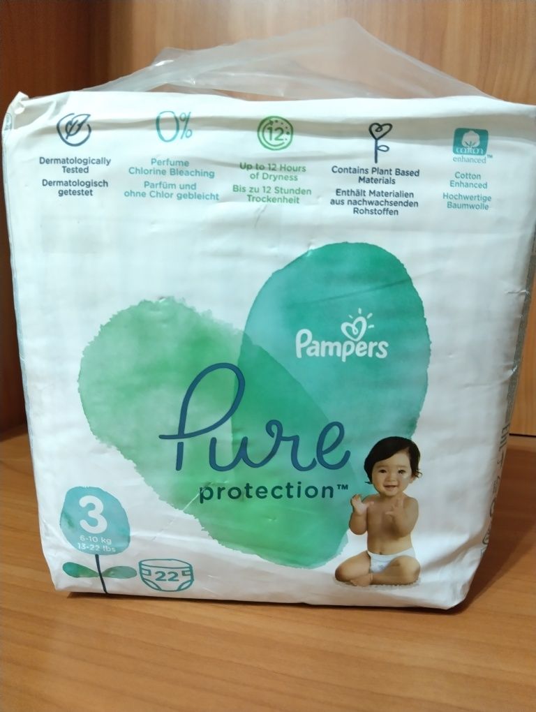 Pampers Pure Protection, размеры 3 (6-10 кг), 4 (10-14 кг), 22 штуки