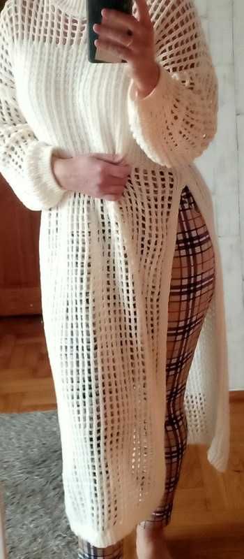 Kremowy ecru tunika kardigan sweter sukienka ażurowa rozmiar