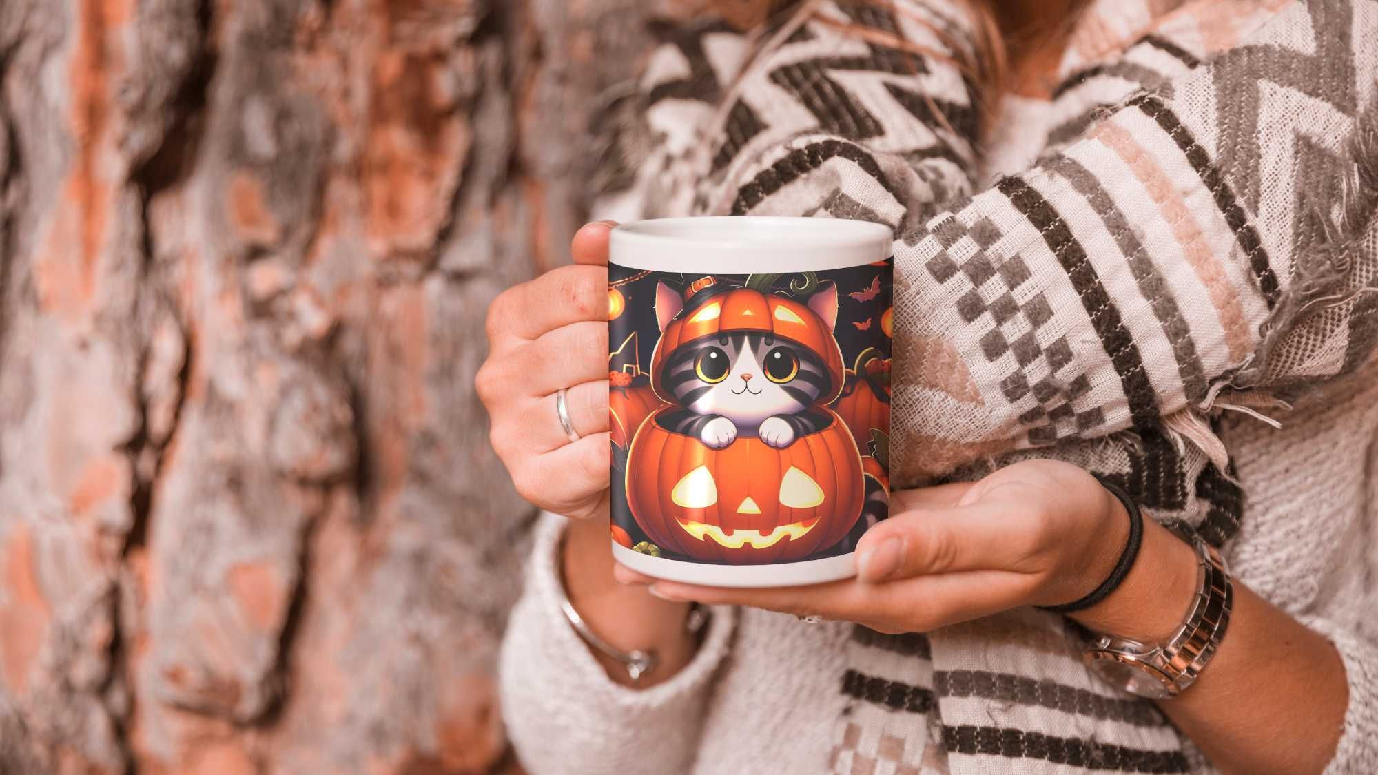 Kubek Halloween słodki kotek w dyni