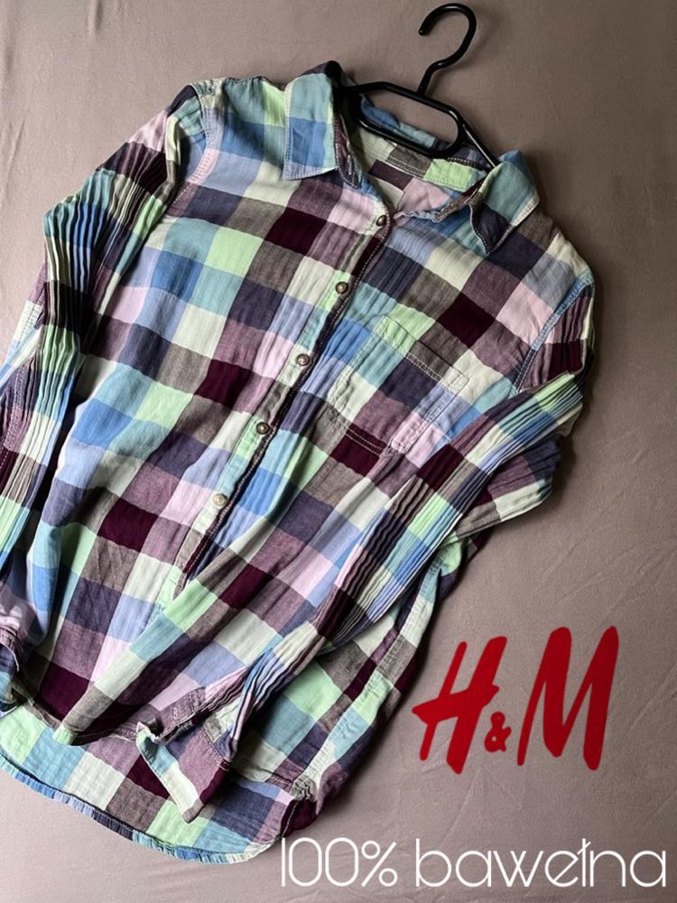 H&M koszula w kratkę sportowa elegancka bawełna długi rękaw kolorowa