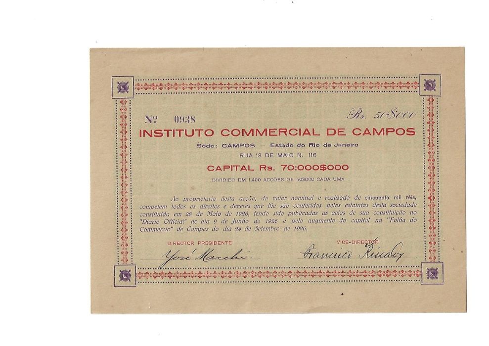 Bonds Shares Ações Acção Instituto Commercial Campos - 1926
