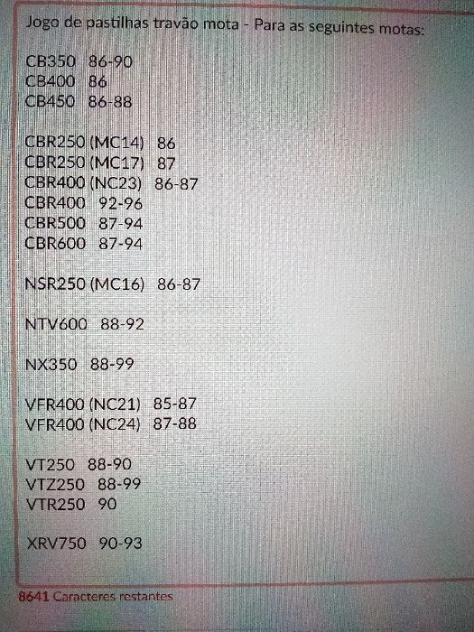 Jogo de 4 pastilhas travão mota SBS 593 - Para várias Hondas ...