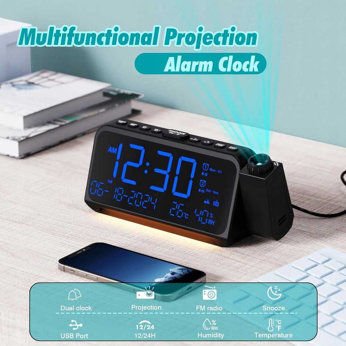 Alarm zegarek Radio CR1024 cyfrowe budzik projektor LED temperatura