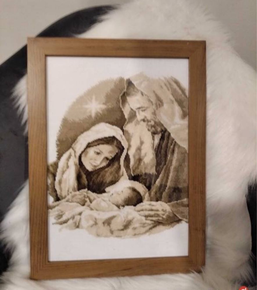 Haft krzyżykowy obrazy religijne rękodzieło Jezus Maryja Bóg prezent