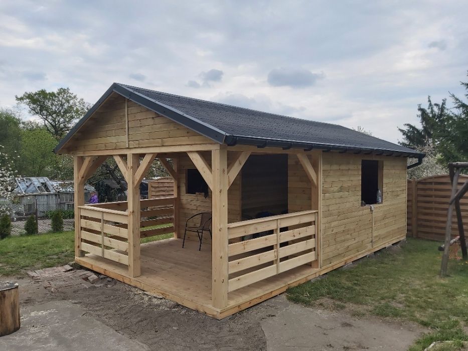 Domek rekreacyjny, domek drewniany, altana, drewno, działka ROD, taras