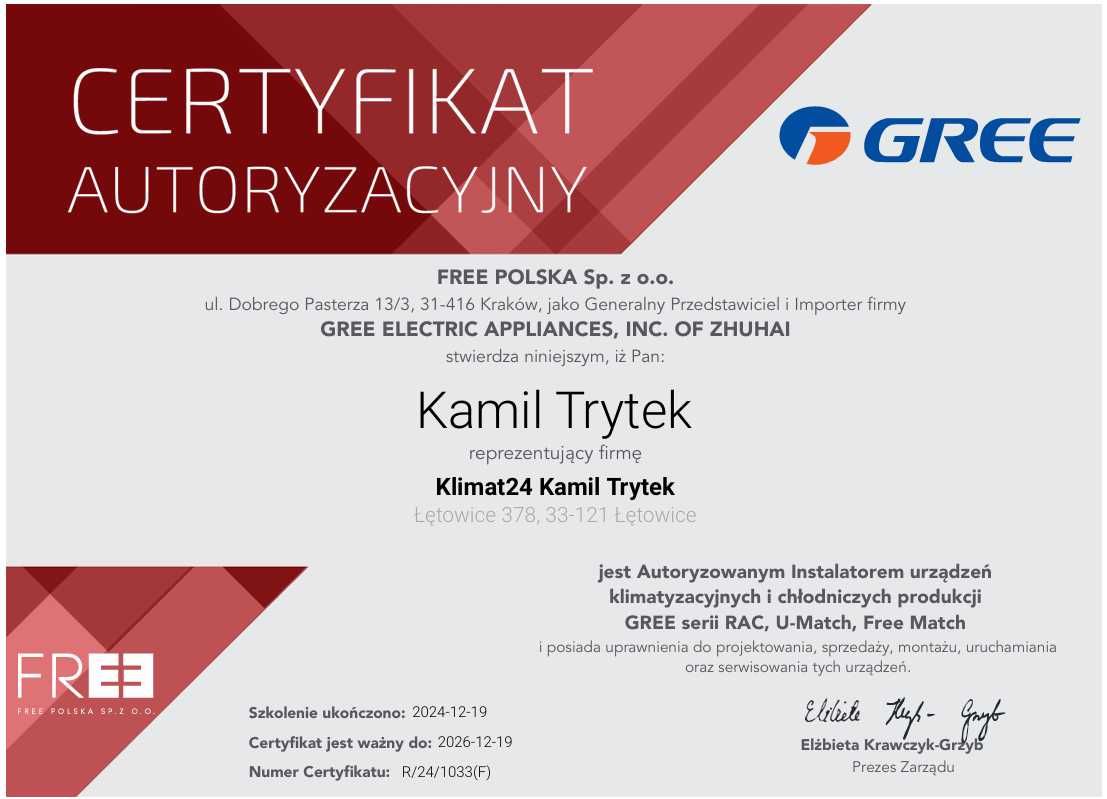 Montaż Klimatyzacji Gree, Rotenso, Kaisai, Sinclair, TCL