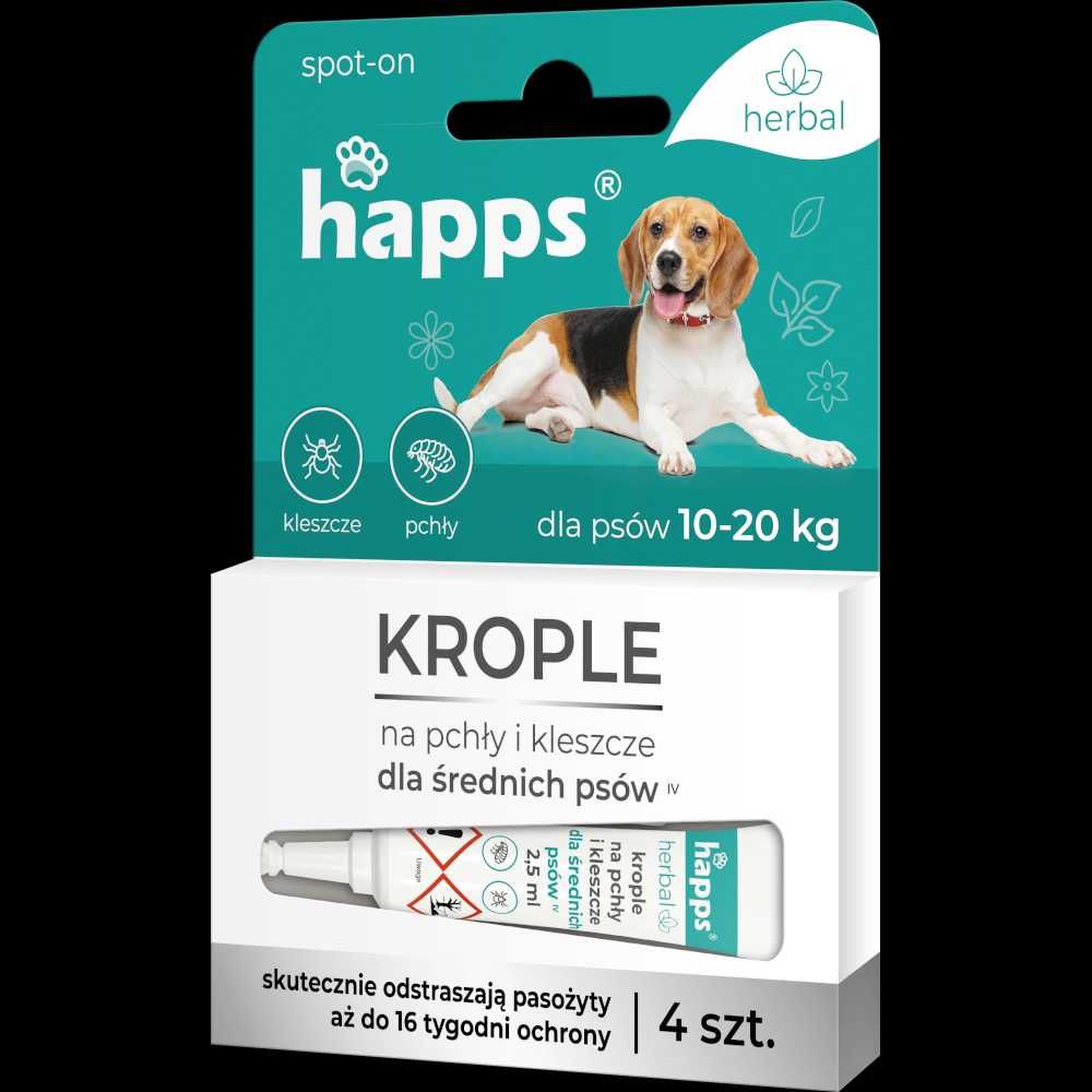 Krople dla średnich psów 10-20 kg  na pchły i kleszcze Happs Herbal