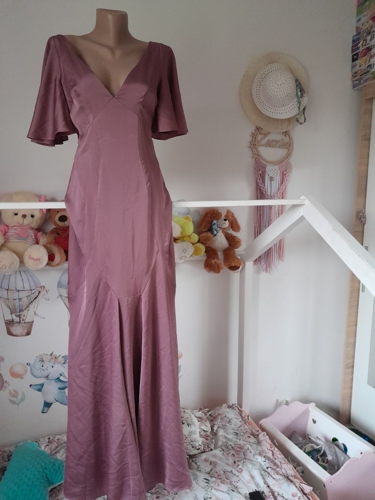 Długa maxi sukienka liliowa krótki rękaw elegancka gleboki dekolt S 36