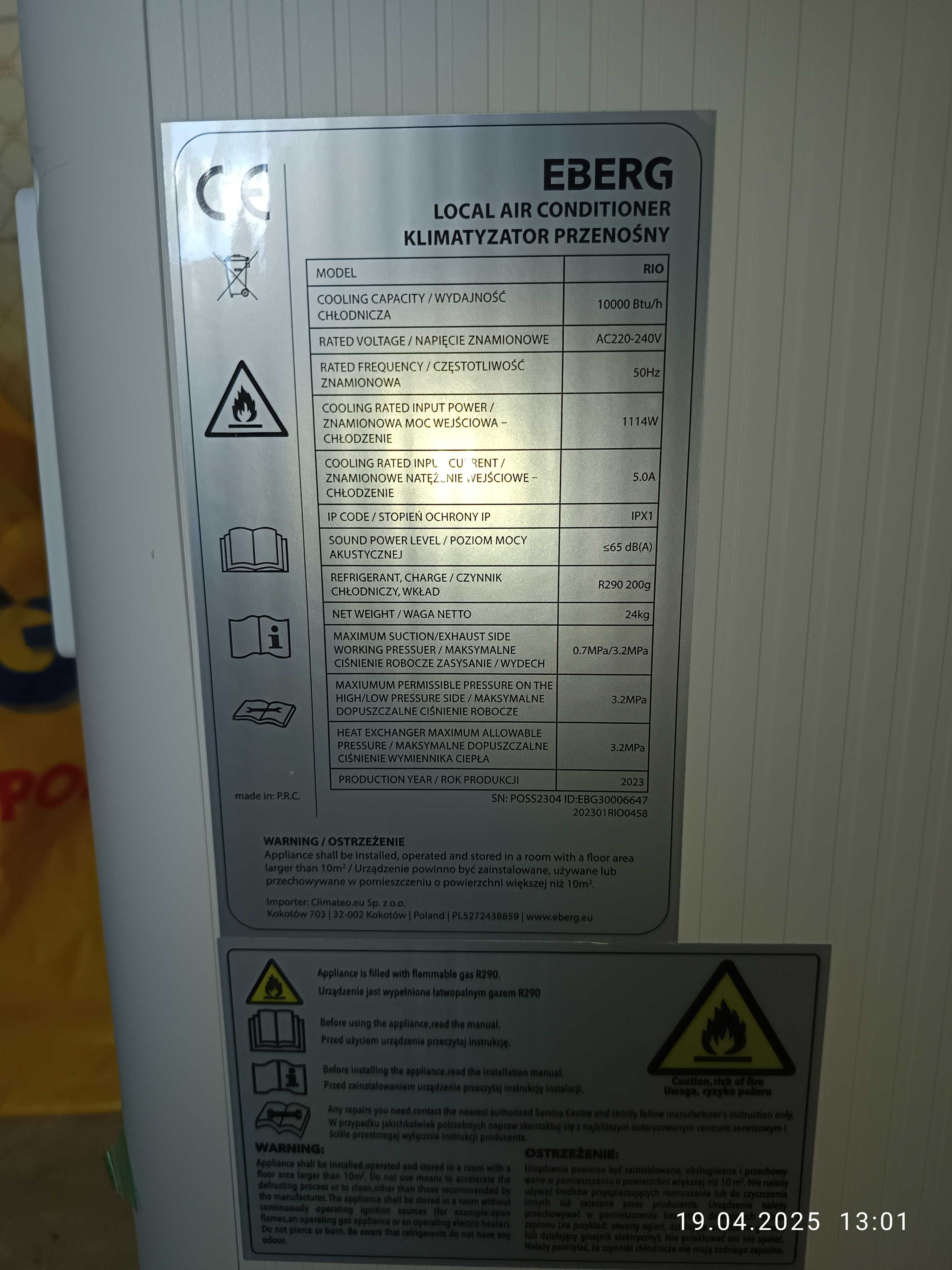 Klimatyzator przenośny EBERG RIO 3kW