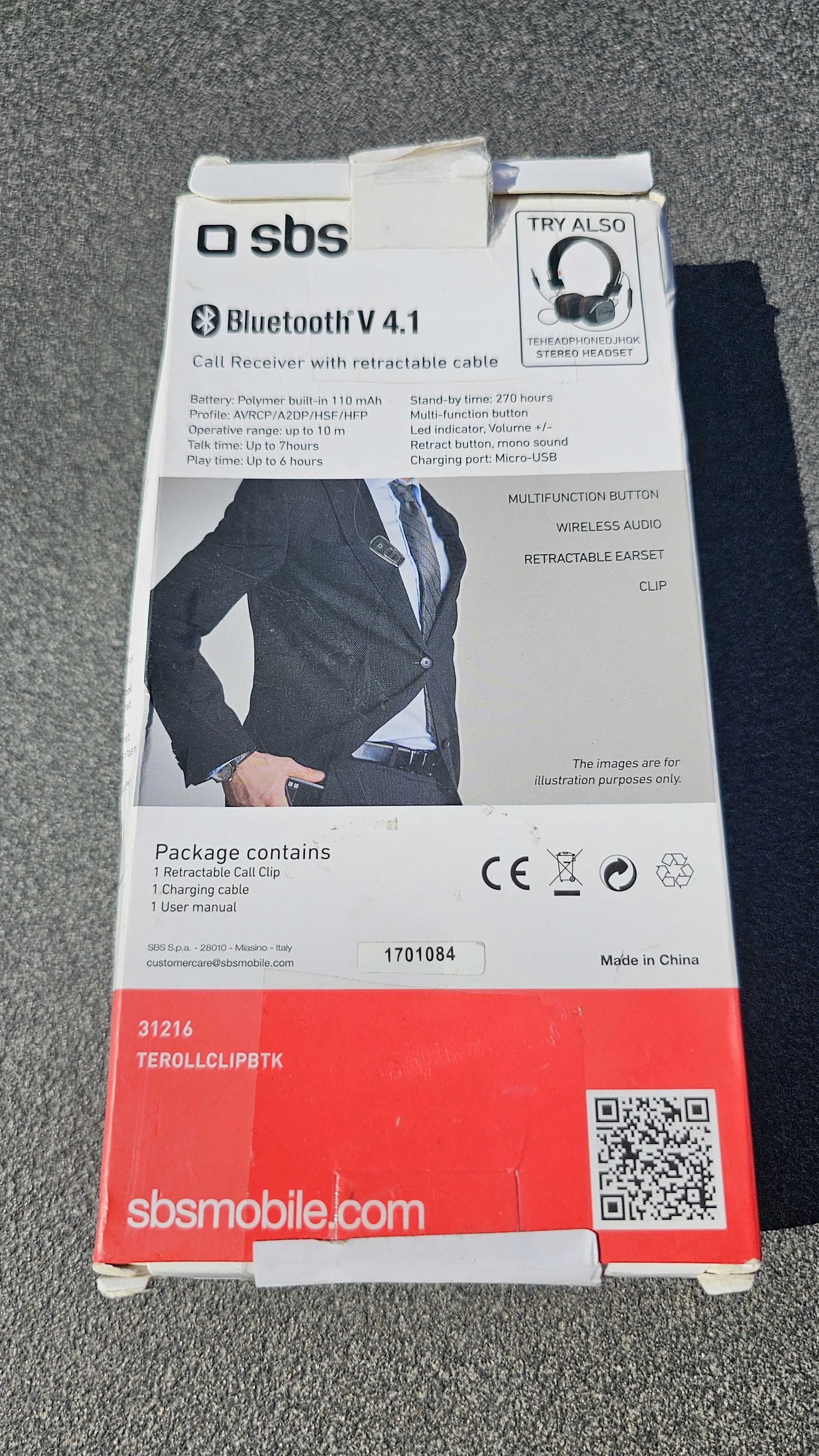 Zestaw słuchawkowy bluetooth SBS z klipsem i wysuwaną słuchawką