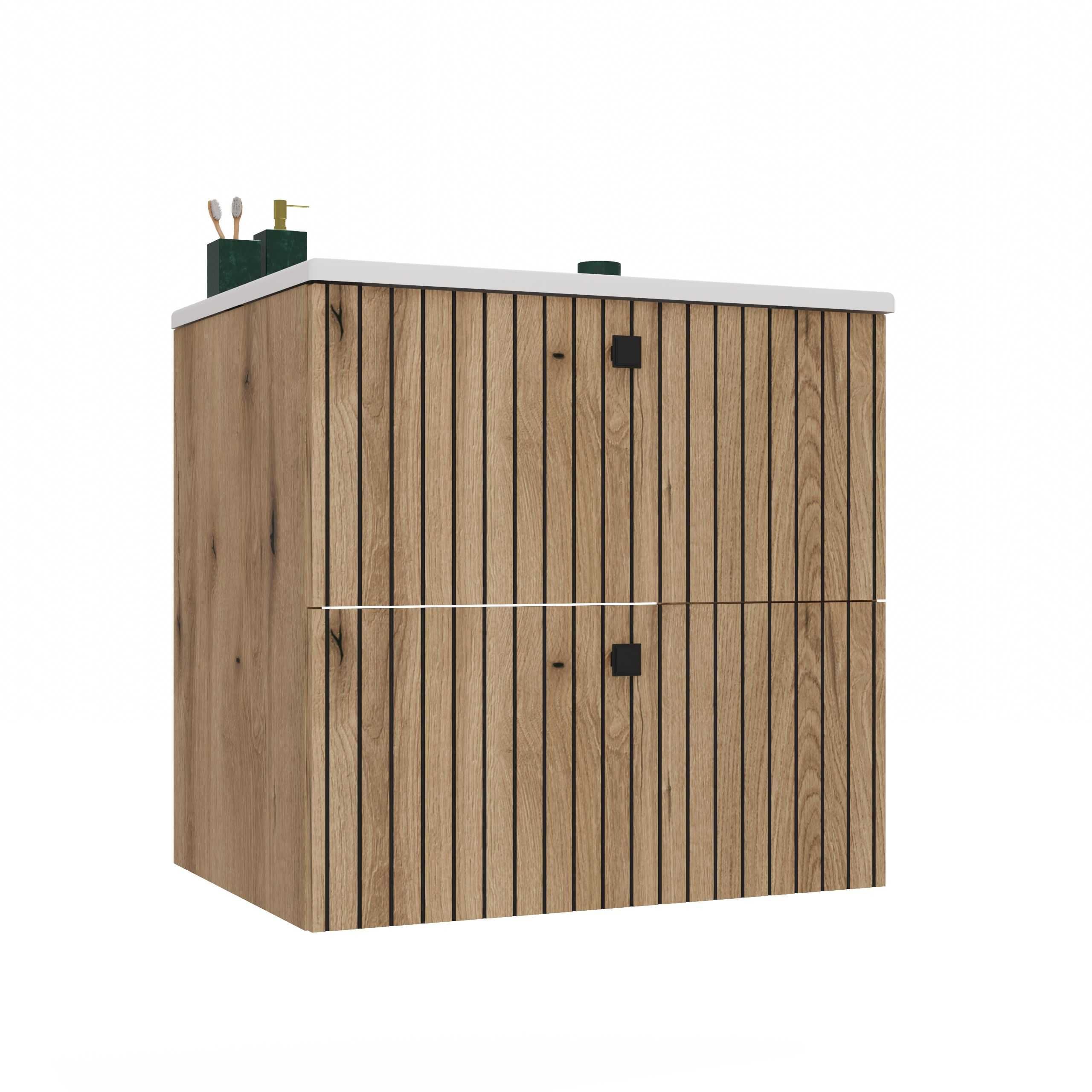SZAFKA Pod Umywalkę TIGO 60 2S Ryflowany Front + Umywalka DĄB EVOKE