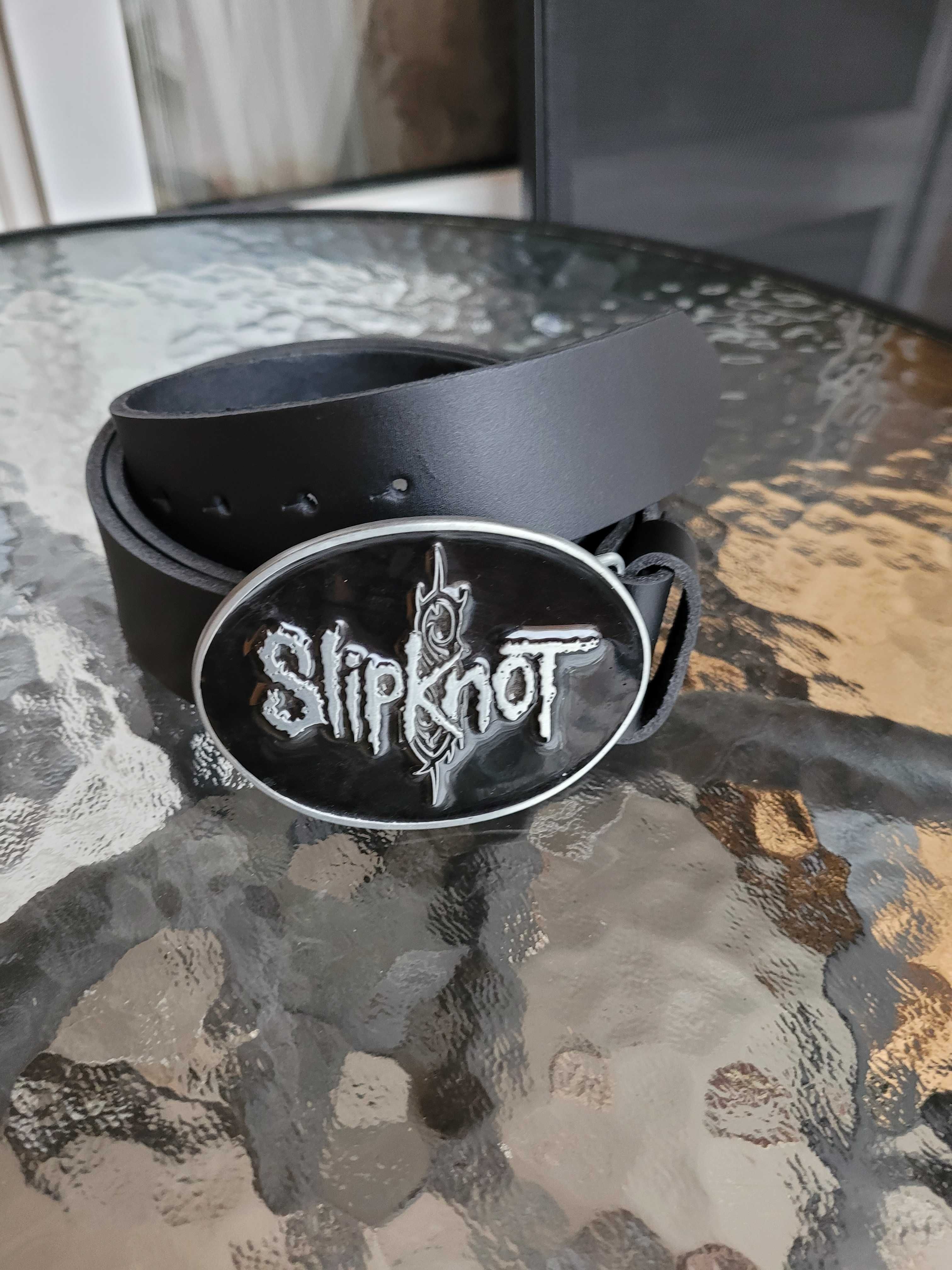 Czarny męski skórzany pasek ręcznie robiony z klamrą zespołu Slipknot