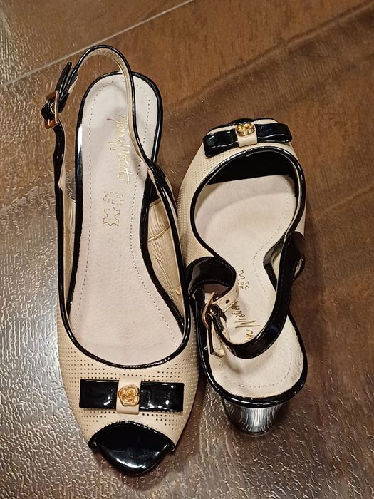 Sandały na słupku 37, z kokardą, slingback