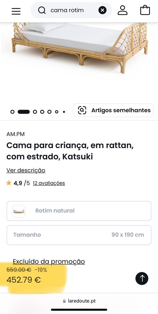 Cama + colchão  para criança, em rattan, com estrado, Katsuki