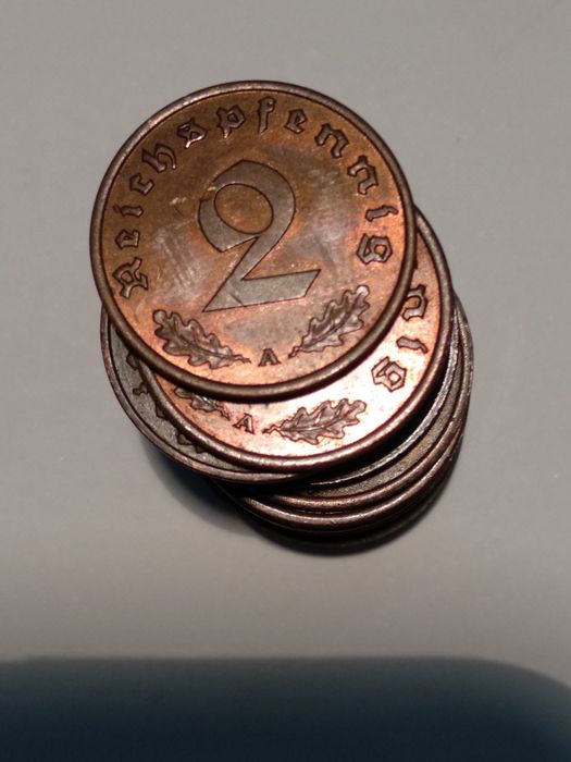 Moedas 2 Reichspfennig 1937, 1938 e 1939 Alemanha com suástica