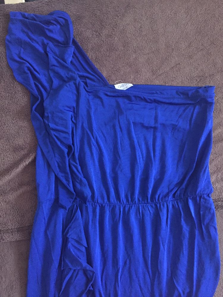 Granatowa niebieska sukienka zwiewna luźna na jedno ramię retro M 38