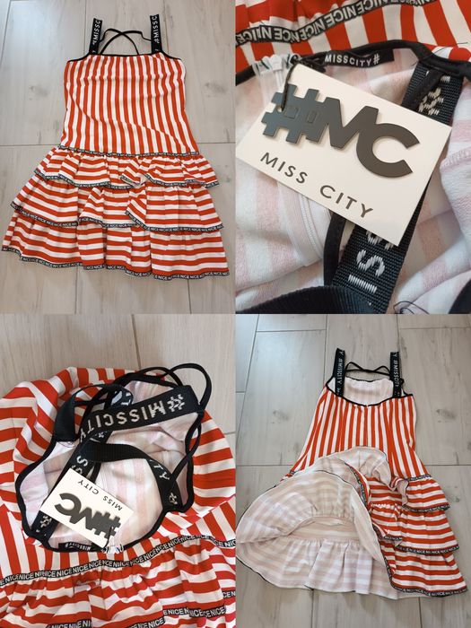 Miss City sukienka paski marynarskie logo lato uniwersalna S M L XL
