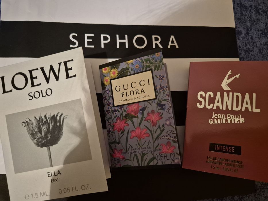 3 sztuki!!! LOEWE Solo Ella Elixir GUCCI Magnolia JPG Scandal Intense