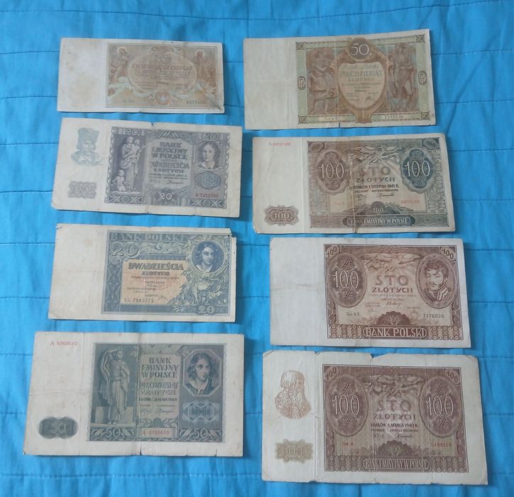 Stare polskie banknoty PRL okupacja niemiecka 10,20,50,100 zł 1941 r