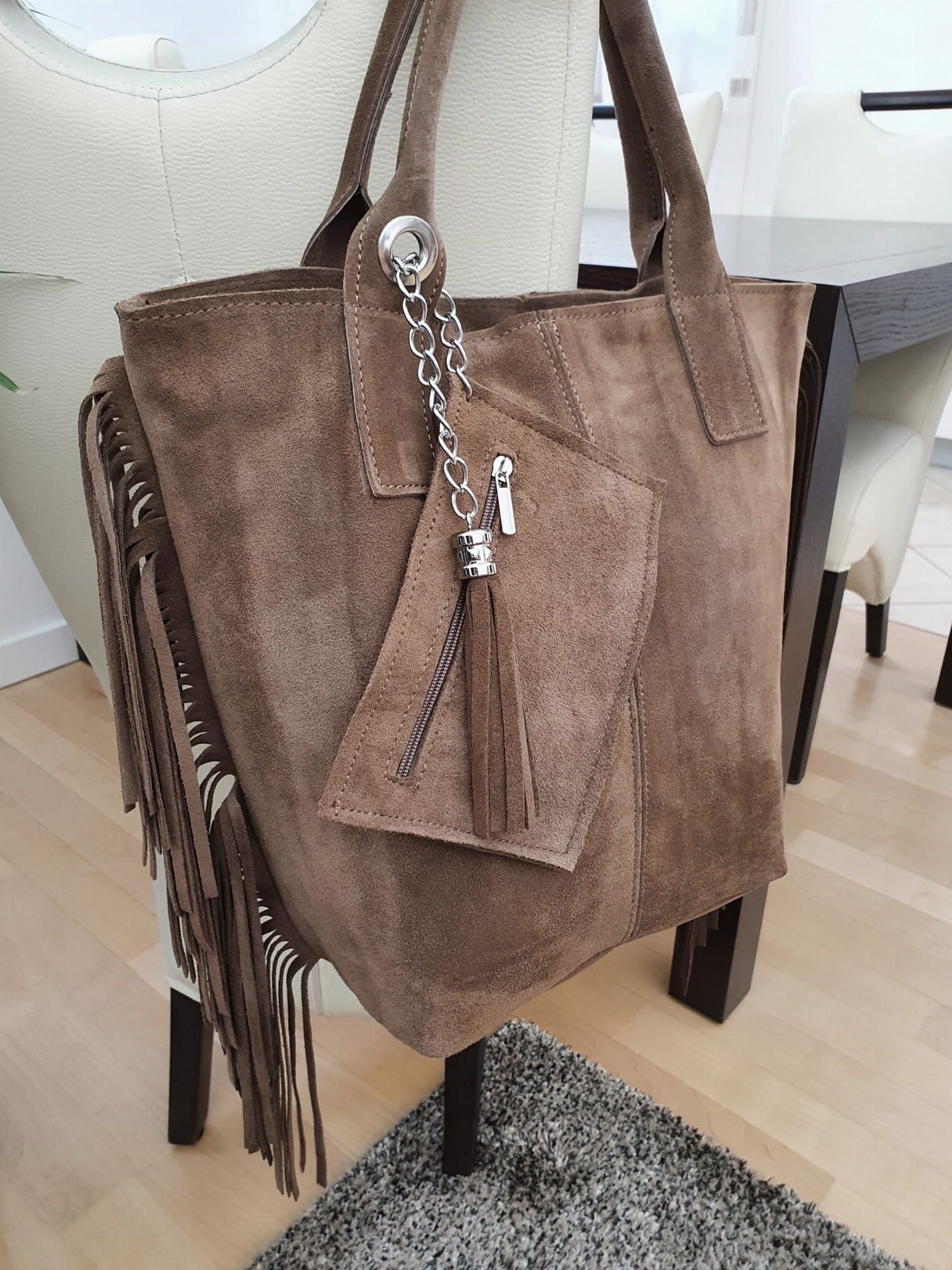VERA PELLE torebka damska zamszowa shopper z frędzlami V460 taupe