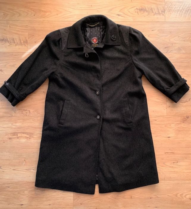 Płaszcz vintage włoski wełna wełniany grafitowy na wiosnę militarny L