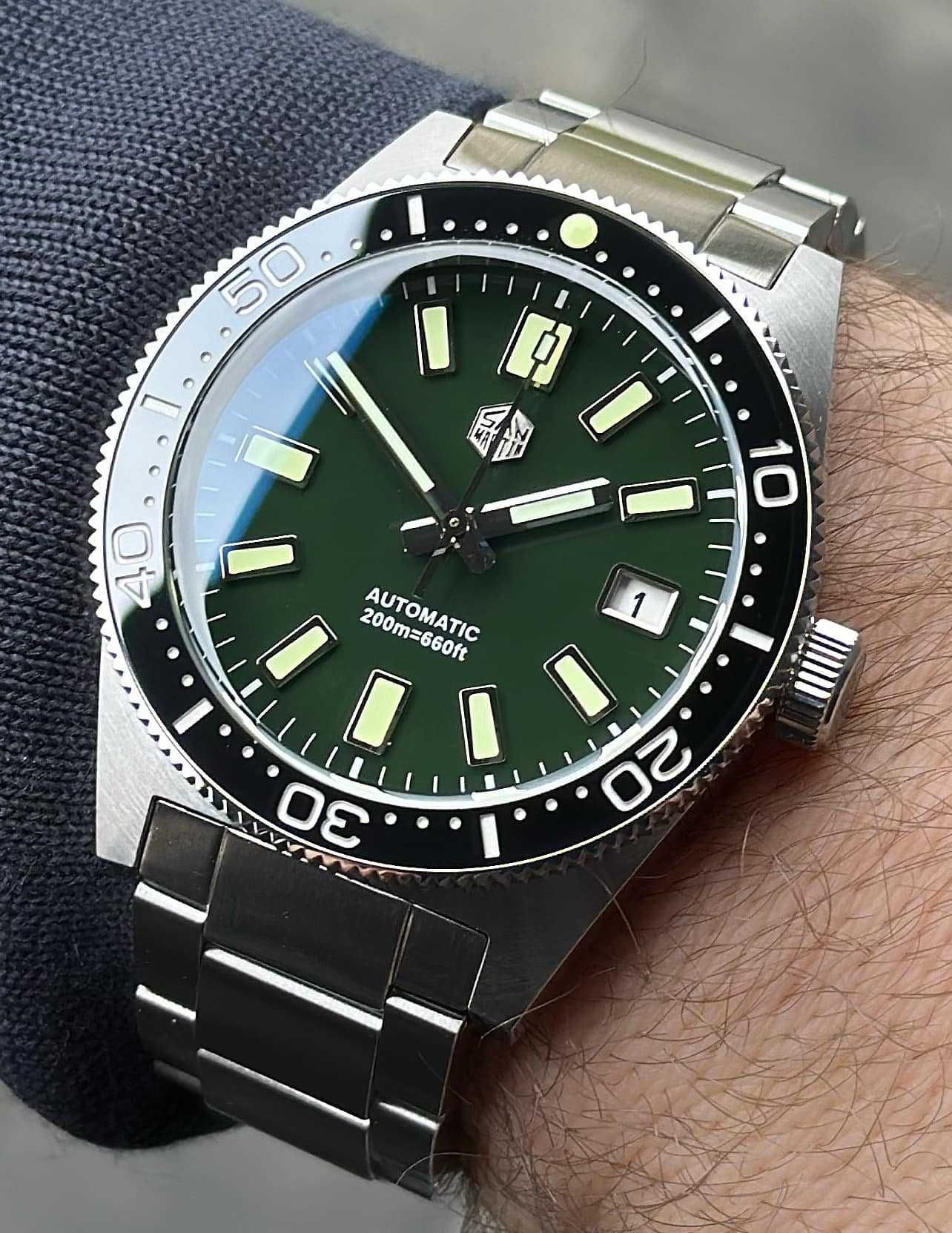 Zegarek automatyczny San Martin SN007B Green face, Diver 200m, Idealny