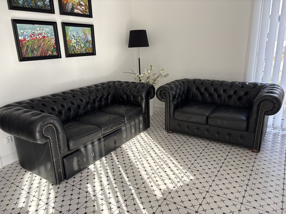 Sofa Chesterfield 3+2 z funkcją  spania .Skora naturalna cielęca.