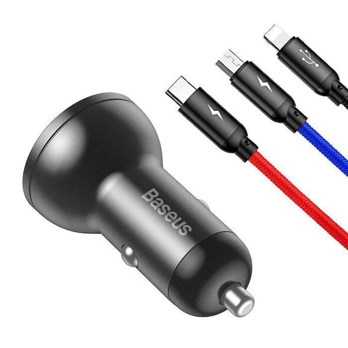 Ładowarka Samochodowa Baseus Z Wyświetlaczem 24W + Kabel Usb 3W1