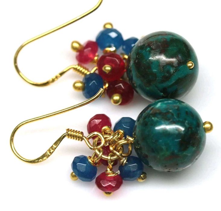 Kolczyki w stylu tajskim - Turkus, Rubin, Szafir - Srebro 925 złocone