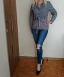 CUDOWNY zestaw żakiet kurtka zatrzaski szara+ spodnie jeans granat S M