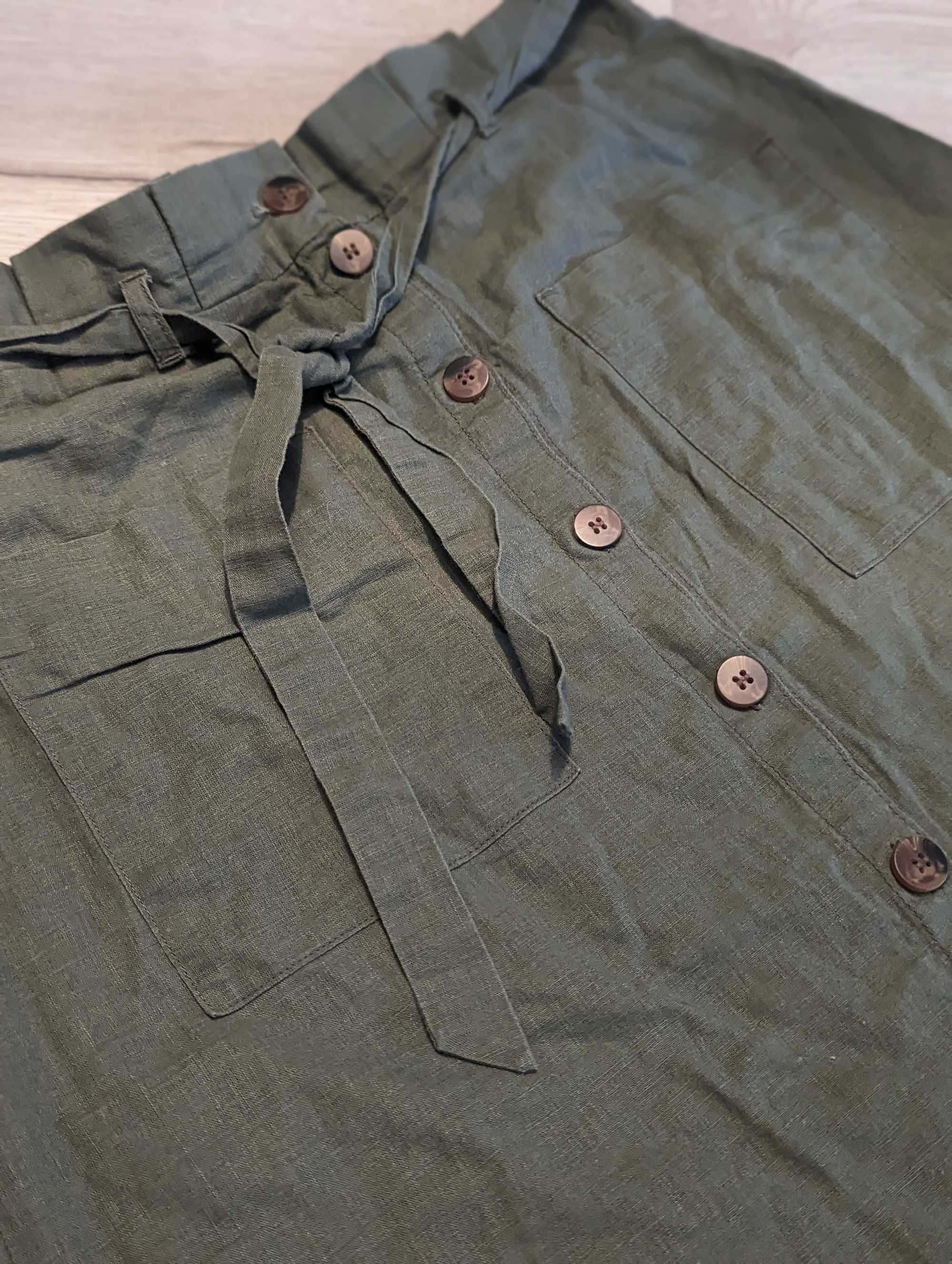 Spódnica khaki len bawełna 42 C&A wiosenna guziki kieszenie