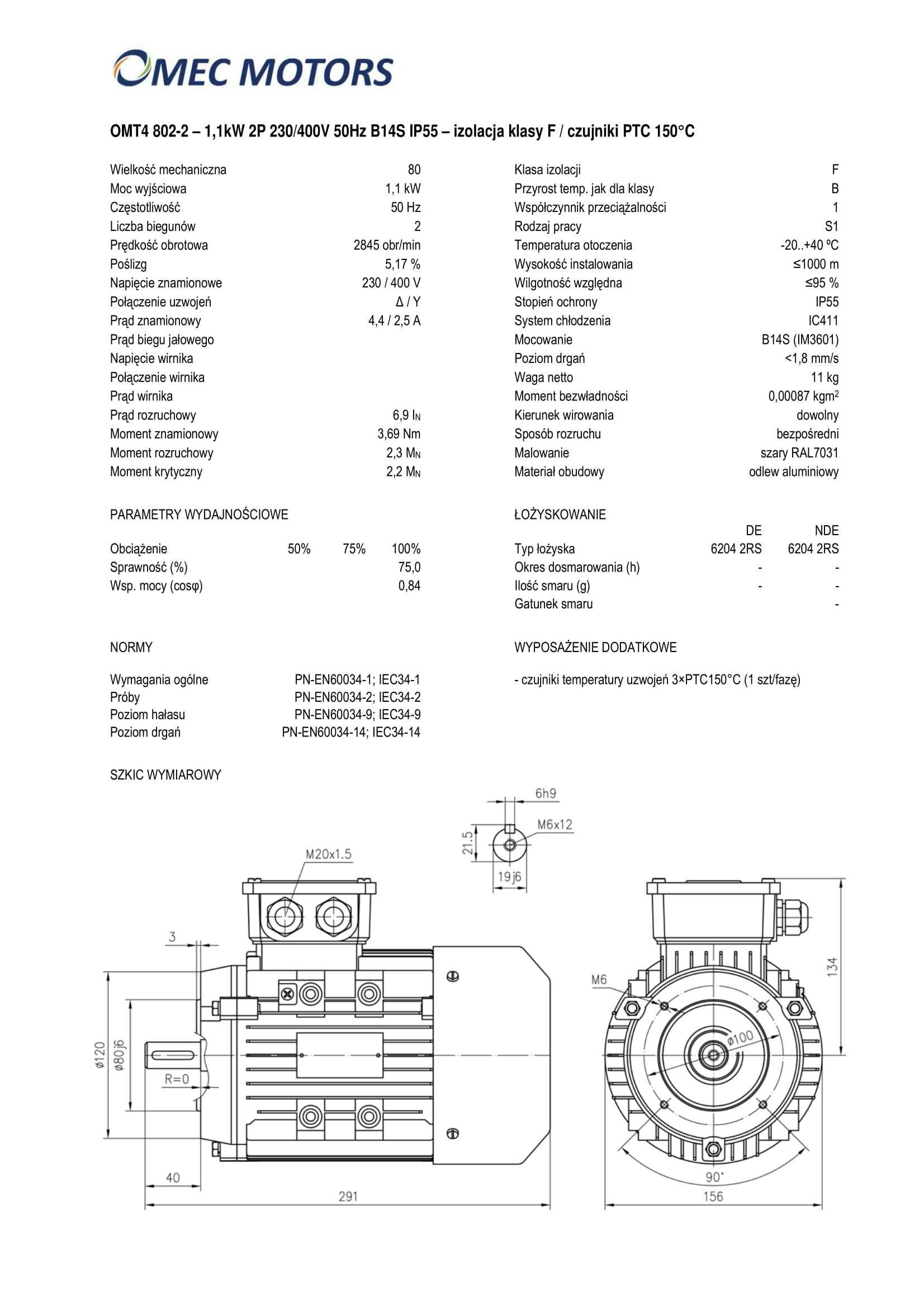 silnik elektryczny 1,1kW 2900obr. 3fazowy 80B14