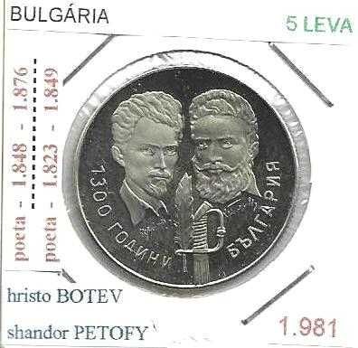 Bulgária -  - 5 Leva - 1981 - -- H. Botev + S. Petofy - -- Moeda Proof