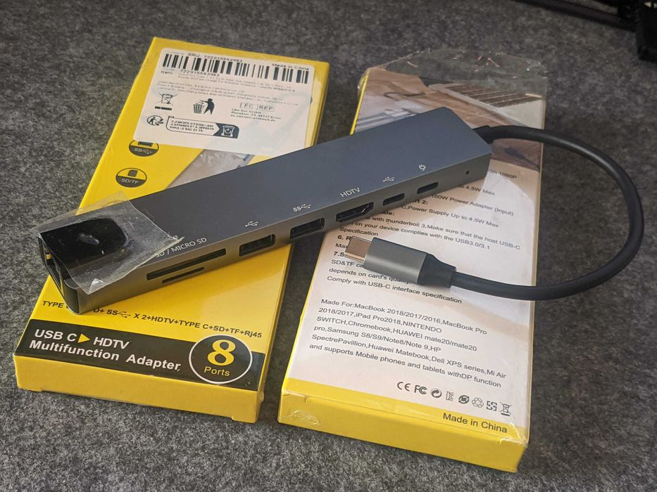 Док-станция 8-in-1 Type-C (HDMI/USBx2/RJ45/TypeC DATA/TypeC PD/SD/mSD)