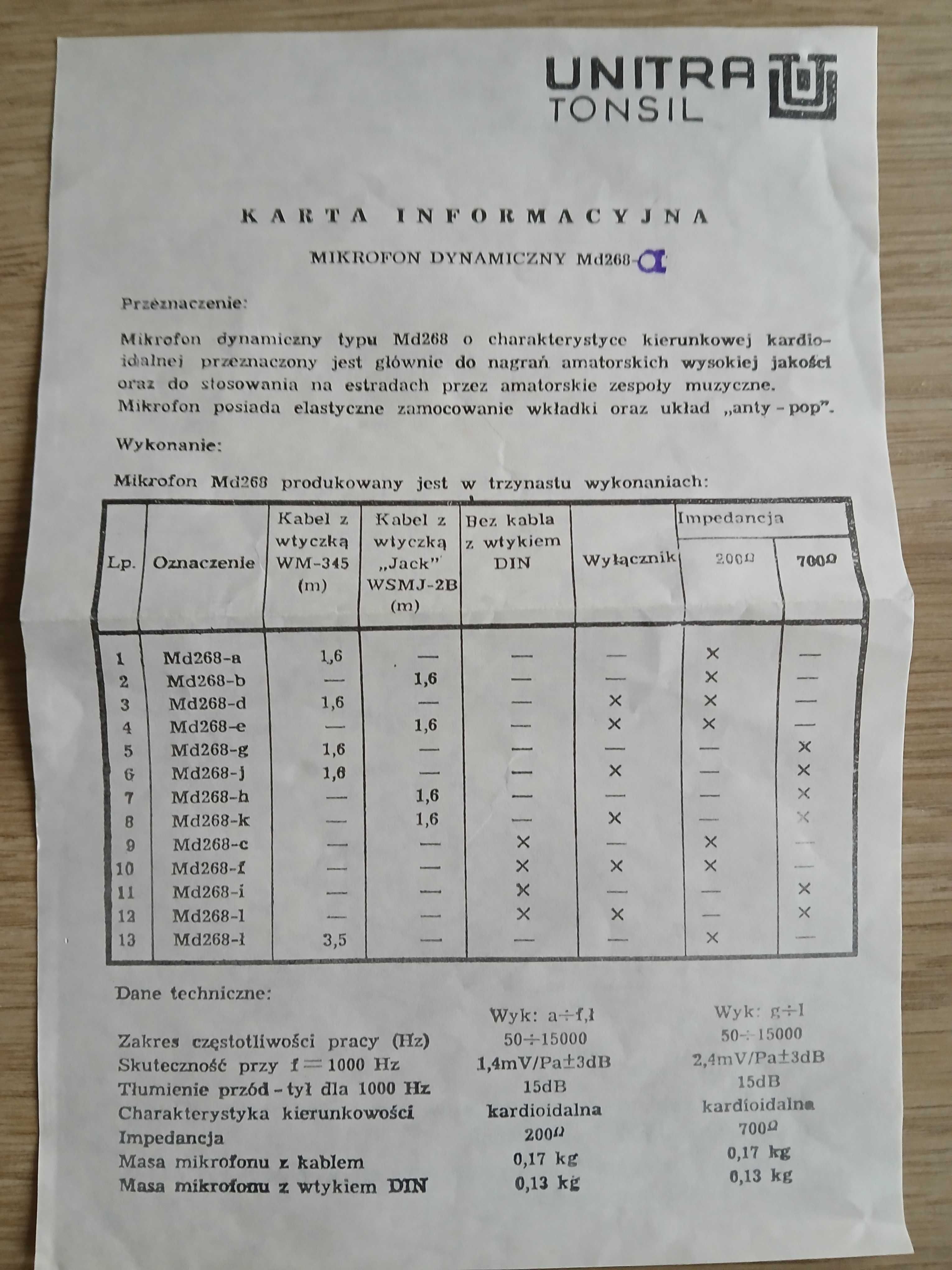Mikrofon przewodowy Tonsil Unitra MD268-a