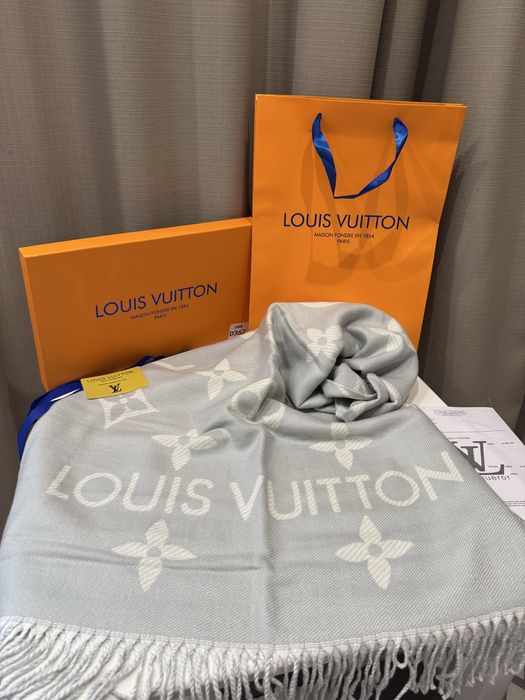 Шарф Louis Vuitton сірий в коробці кашемір шовк подарунок Луі Вітон