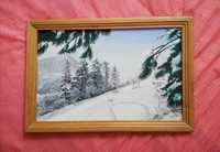 Zimowy pejzaż piękny obraz nie sygnowany w drewnianej ramie