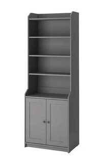 Móvel cinzento, com estantes abertas e armário fechado