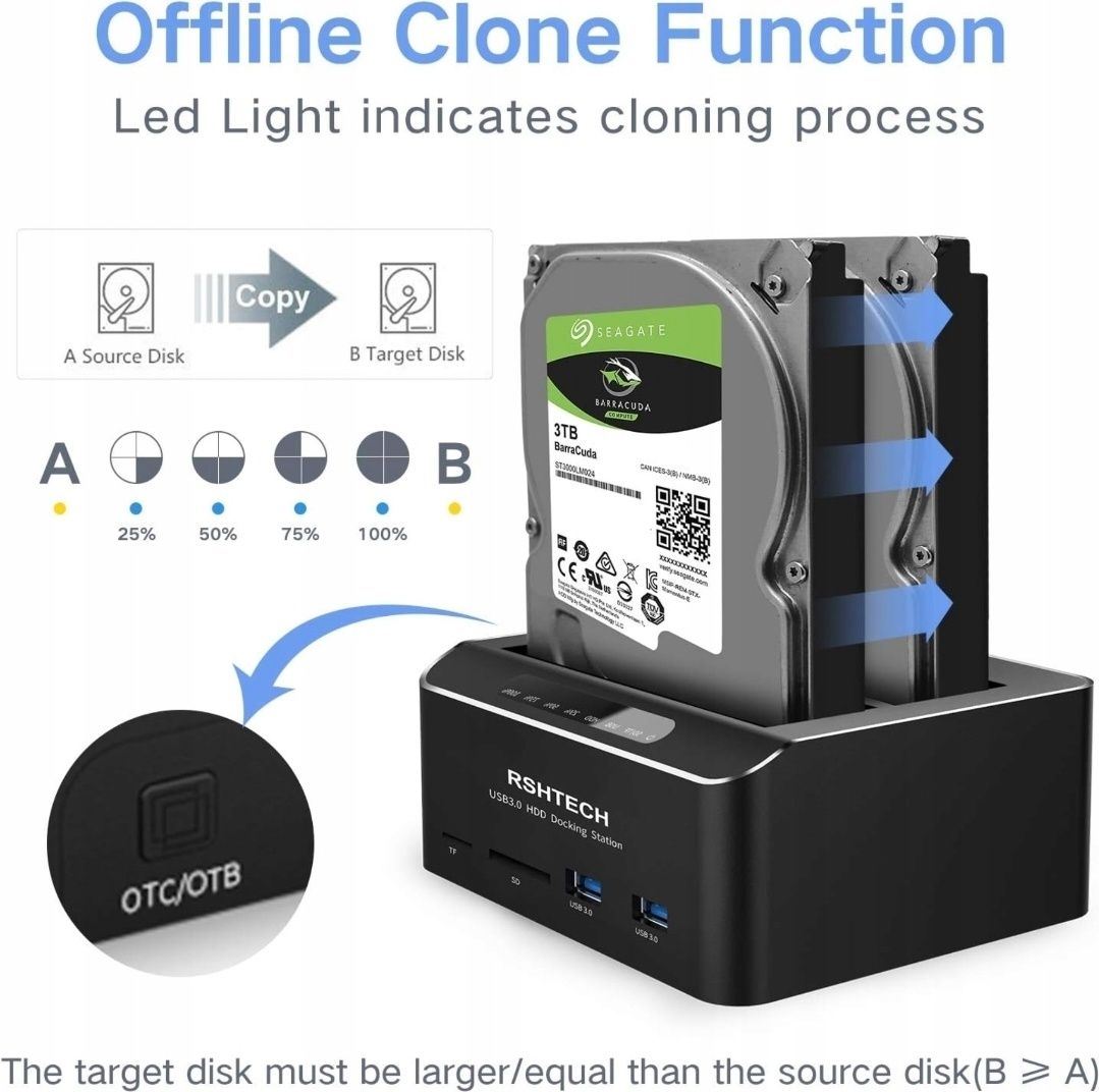 Stacja dokująca RSHTECH USB 3.0 SATA 2.5 i 3.5 HDD SSD SD TF klonowani
