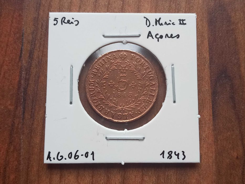 Moeda 5 Reis 1843 D. Maria II Açores  - Bela!