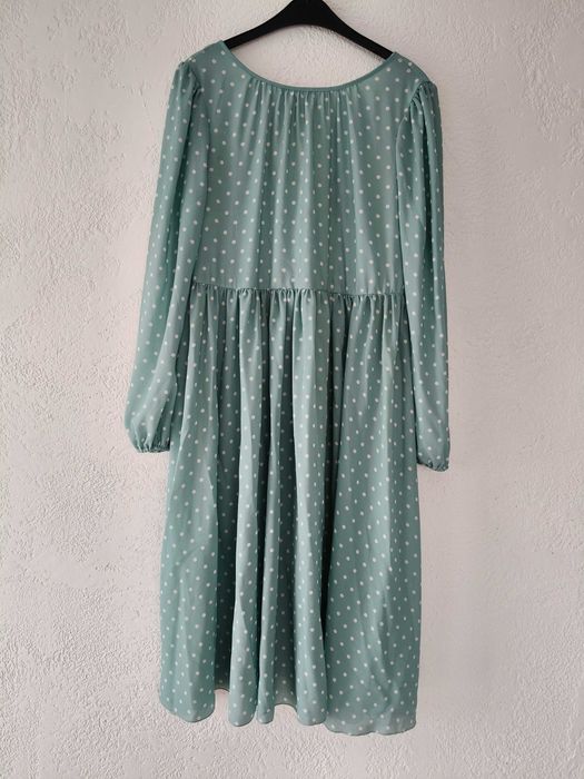 Midi sukienka miętowa w groszki, szyfonowa, M, Emu