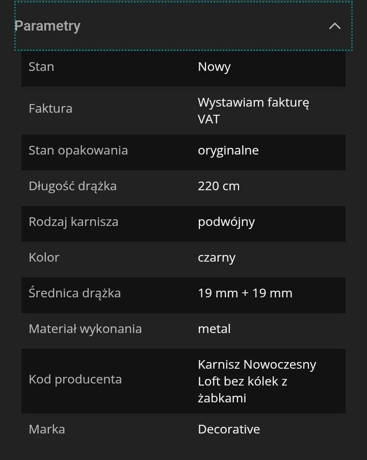 Karnisz. Nowy. Podwójny 220 cm. Czarny.