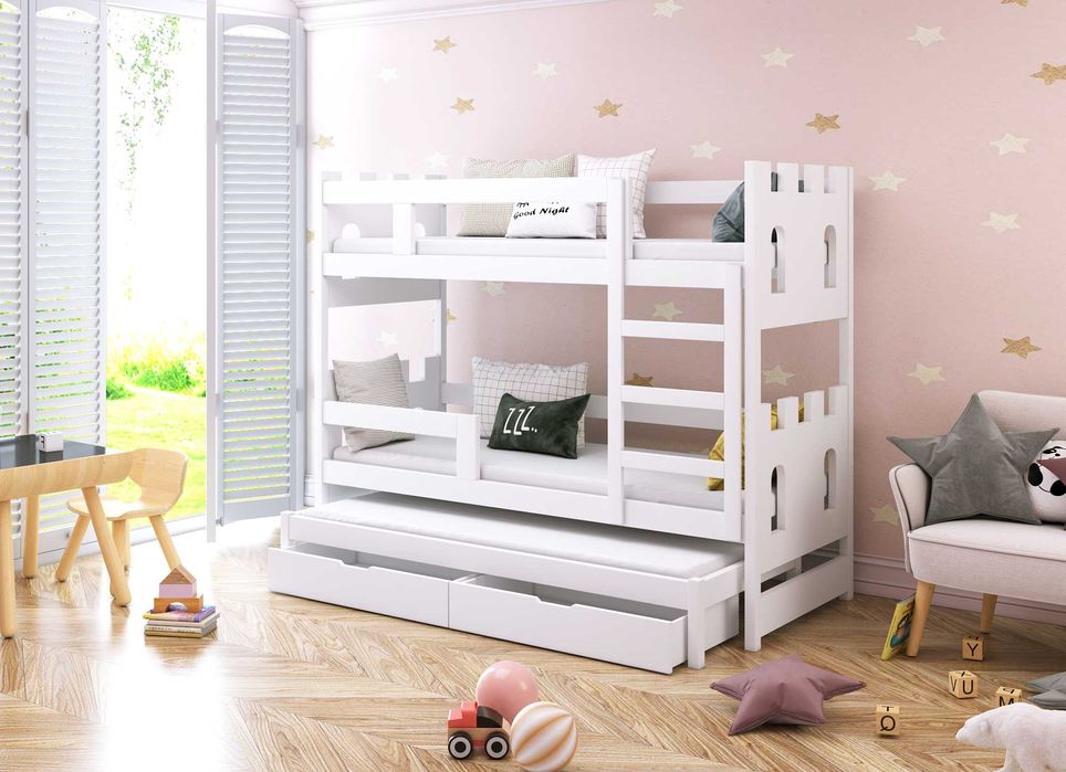 Łóżko piętrowe dla dzieci ZAMEK 3 osobowe, materace 160x75 180x75