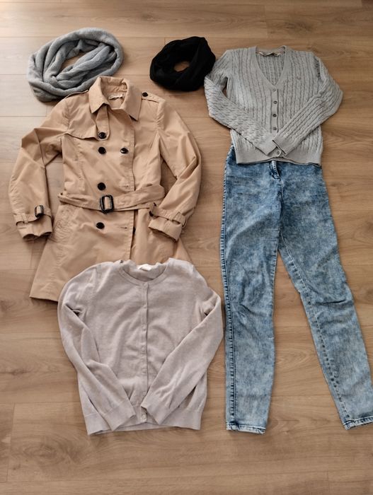 Super zestaw na jesień XS/S płaszcz, jeansy, swetry 100% bawełna