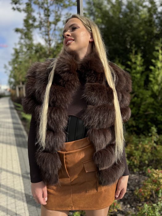 Futro naturalne z lisa Nowe 3 w 1 brąz s/m kołnierzyk gęstość 3D