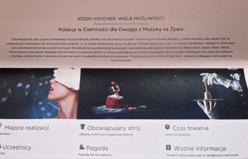 Voucher - Wyjątkowy Prezent - Kolacja w Ciemności z Muzyką na Żywo
