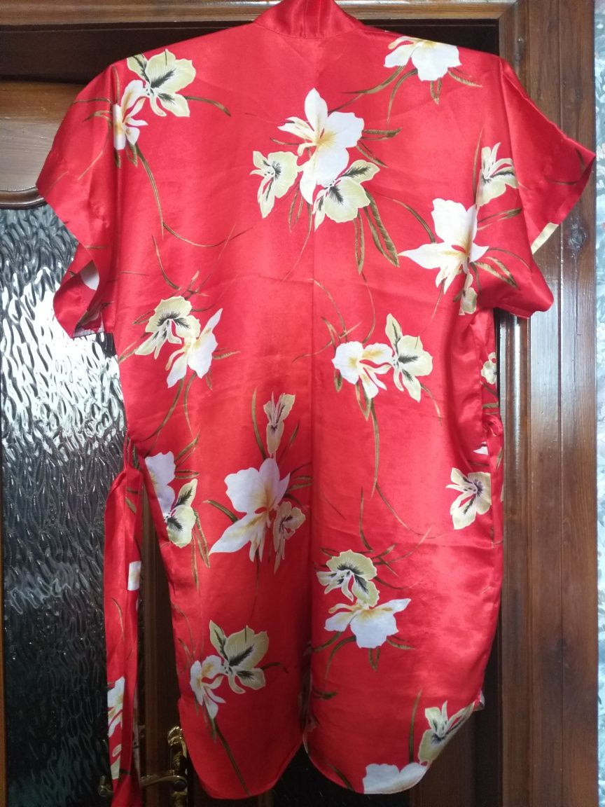Женский шелковый халат мини, кимоно с поясом S/M